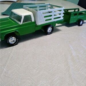 Green and White Toy Truck with Trailer 1970s